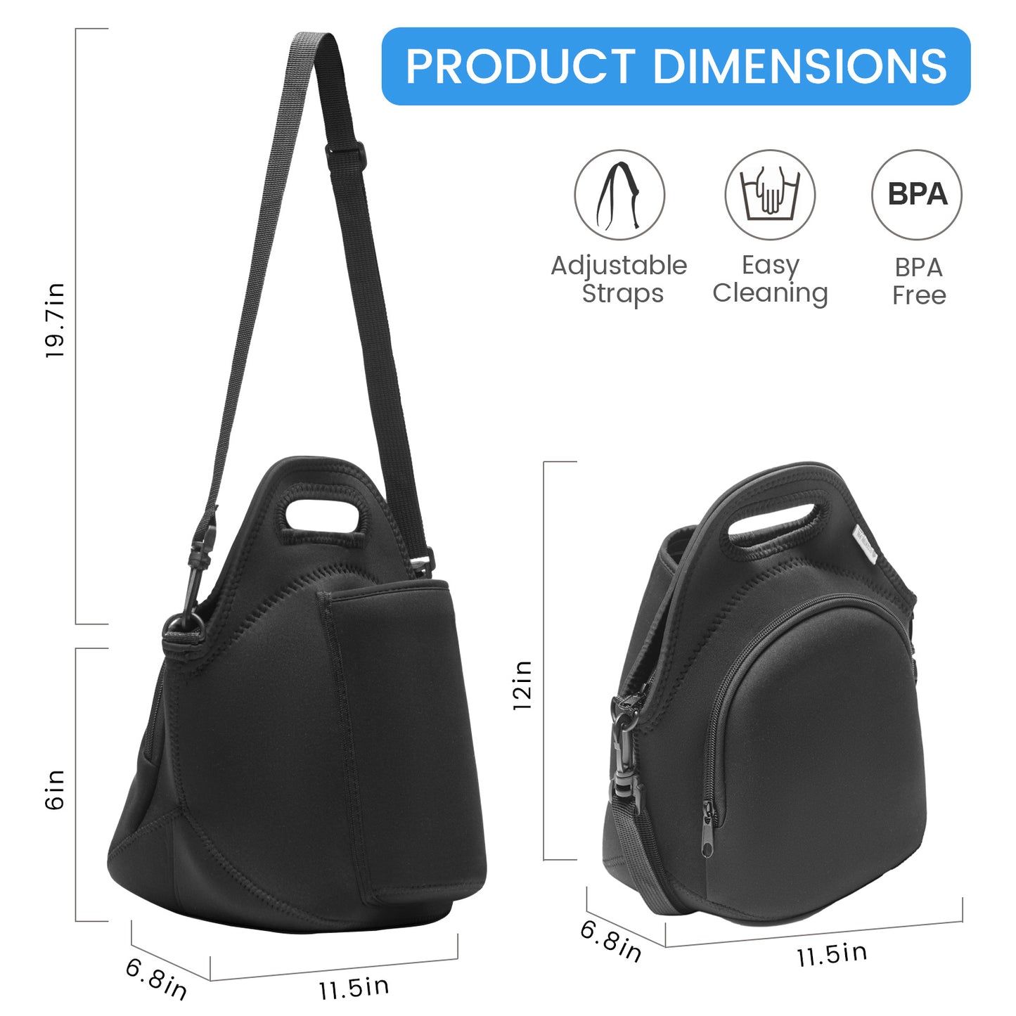 Black Insulated Lunch Bag Tote – Thick, Durable Neoprene Lunch Bags with Double-Layer Insulation & Insulated Bottle Holder